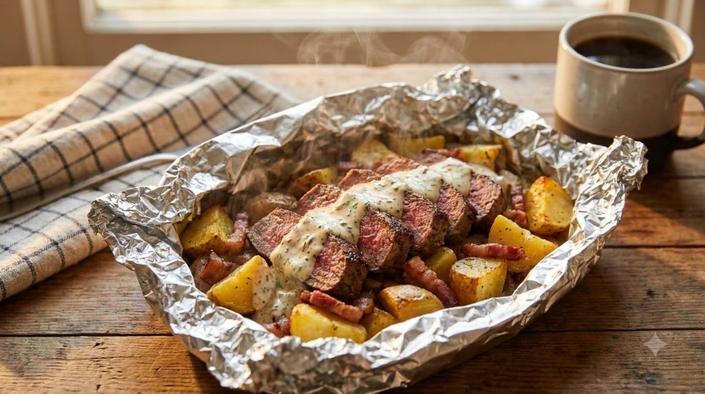 An open foil packet of cooked Ranch Bacon Steak Potato showcasing steak potatoes bacon bits and a creamy ranch sauce