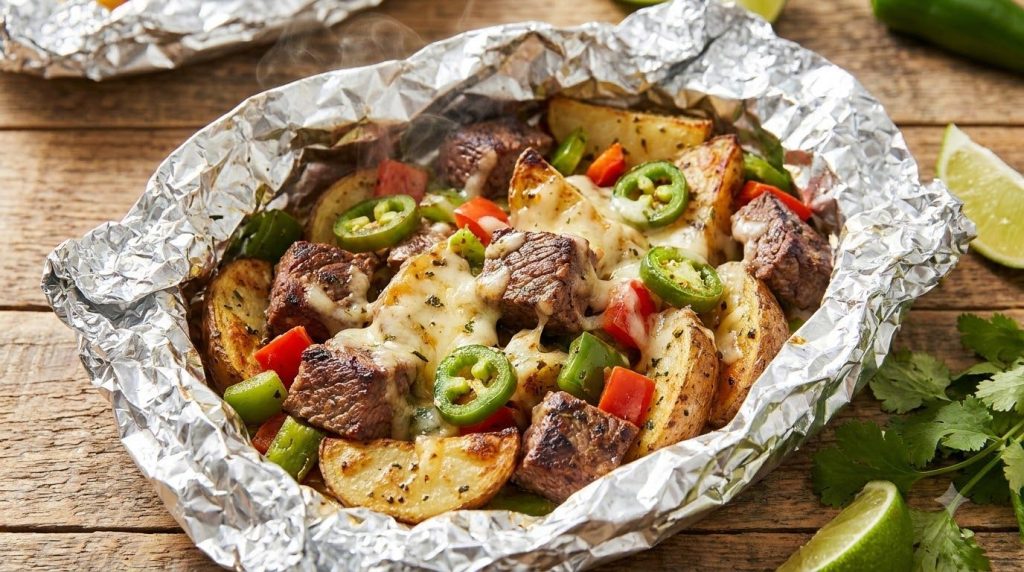 A vibrant open foil packet of cooked Spicy Pepper Jack Steak Potato featuring steak potatoes jalapeños bell peppers and