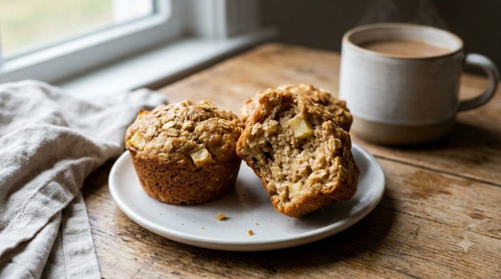 Two wholesome apple oat muffins one whole and one broken open to show the soft interior with apple pieces stacked on a s