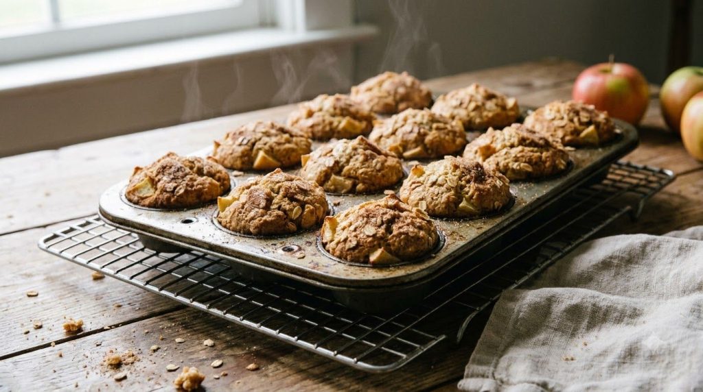 A 12-cup muffin tin filled with baked apple oat muffins golden brown and puffed cooling on a wire rack