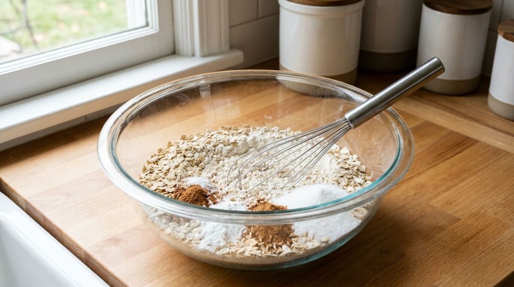 A large glass mixing bowl containing all the dry ingredients for apple oat muffins rolled oats flour sugar baking powder