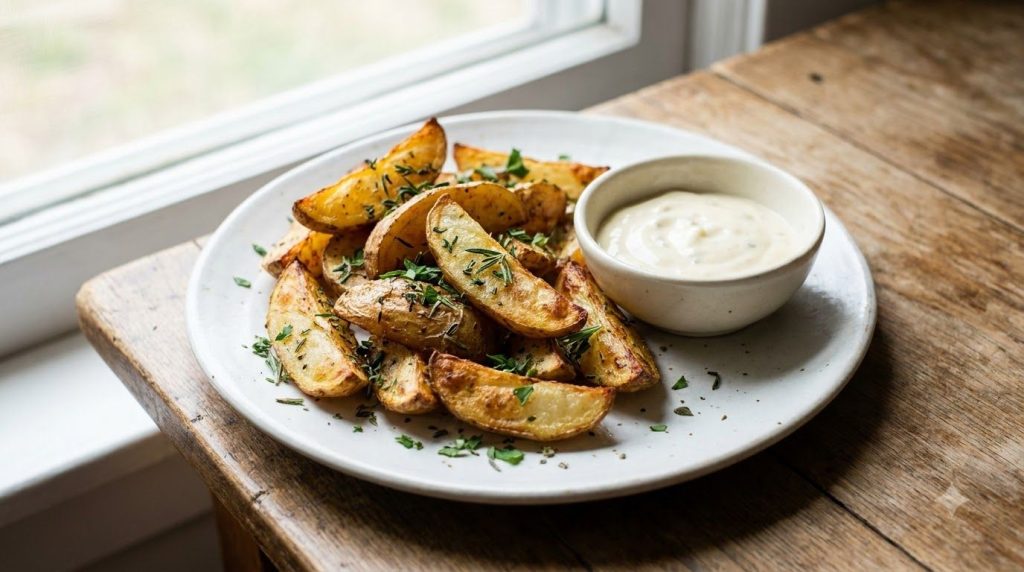 A serving of crispy potato wedges seasoned with herbs and a side of dipping sauce