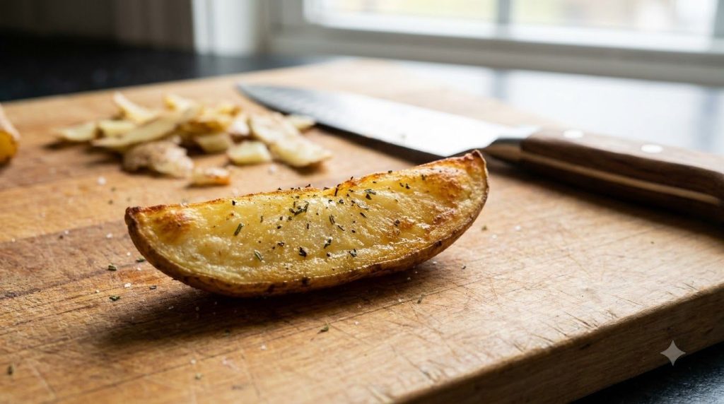 A close-up of a perfectly cut potato wedge on a cutting board ready for seasoning
