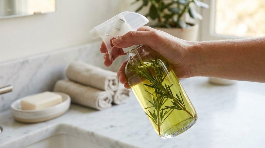 A close-up of a spray bottle filled with yellowish-green liquid and fresh rosemary sprigs symbolizing the rosemary hair 