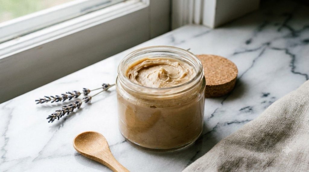 A small clear jar filled with the freshly made solidified beauty balm showing a smooth creamy texture The jar is placed 