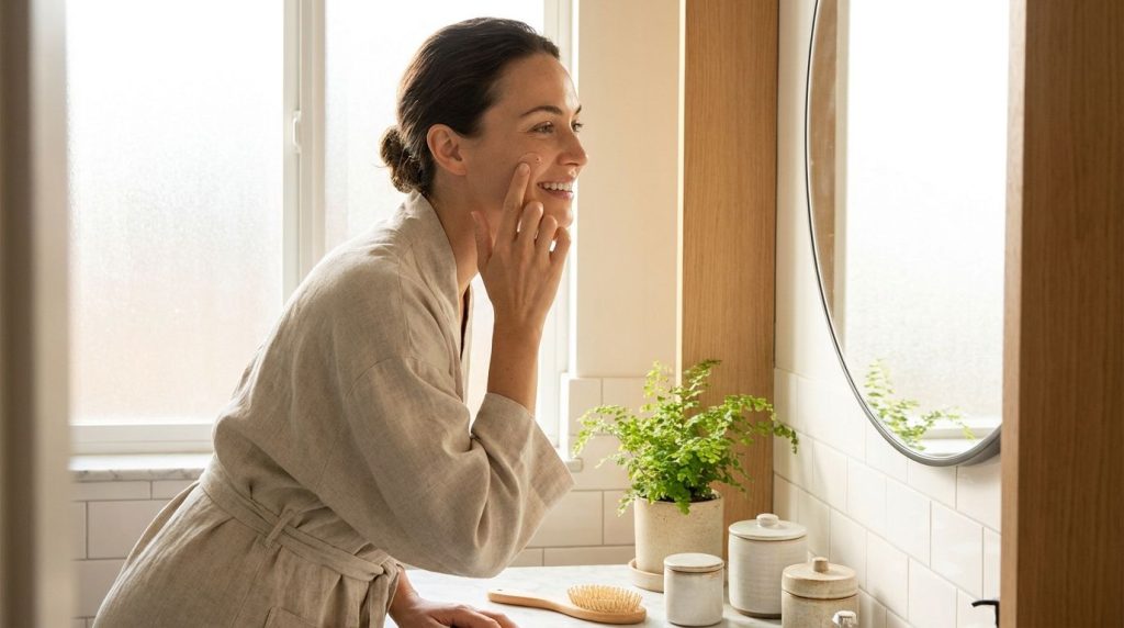 A woman gently massaging a small amount of the beauty balm onto her clean face demonstrating the application method with