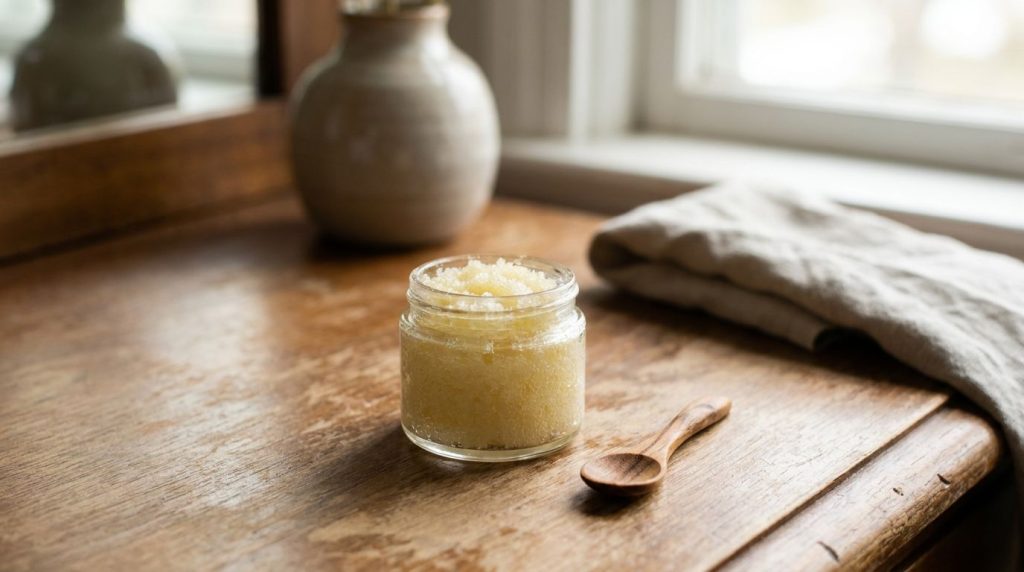 A small clear container filled with the freshly made DIY lip scrub showing its paste-like texture placed on a vanity cou