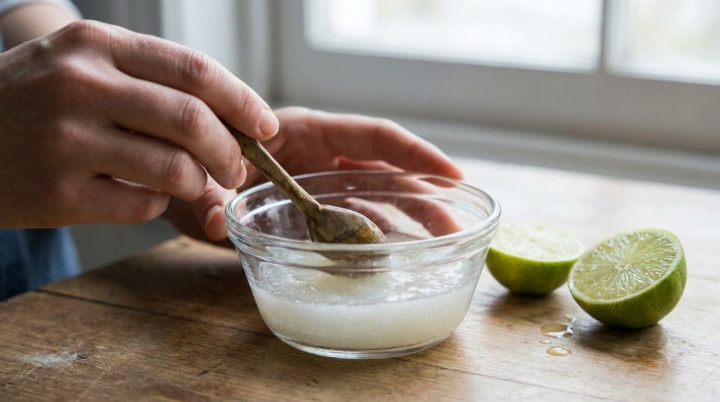 Hands mixing Vaseline coconut oil and lime juice in a small glass bowl with a wooden spoon
