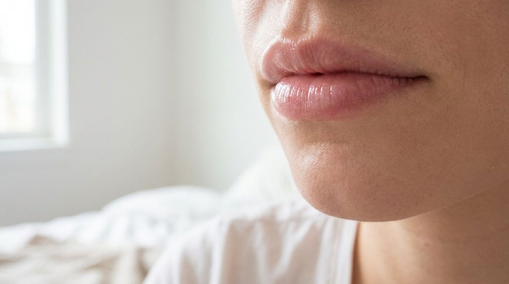 A close-up shot of soft smooth and naturally glossy lips illustrating the desired outcome of the lip scrub treatment