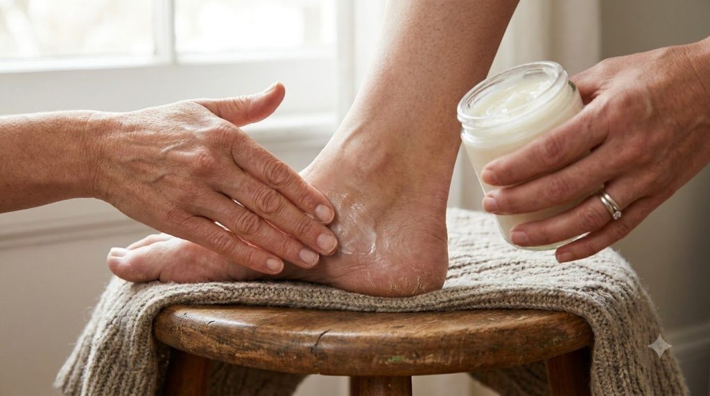 A woman applying the Vaseline coconut and lime blend to her dry heel gently massaging it in