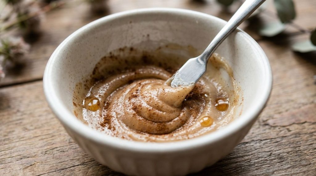 A small bowl with petroleum jelly cinnamon powder and peppermint essential oil being mixed with a tiny spatula to create