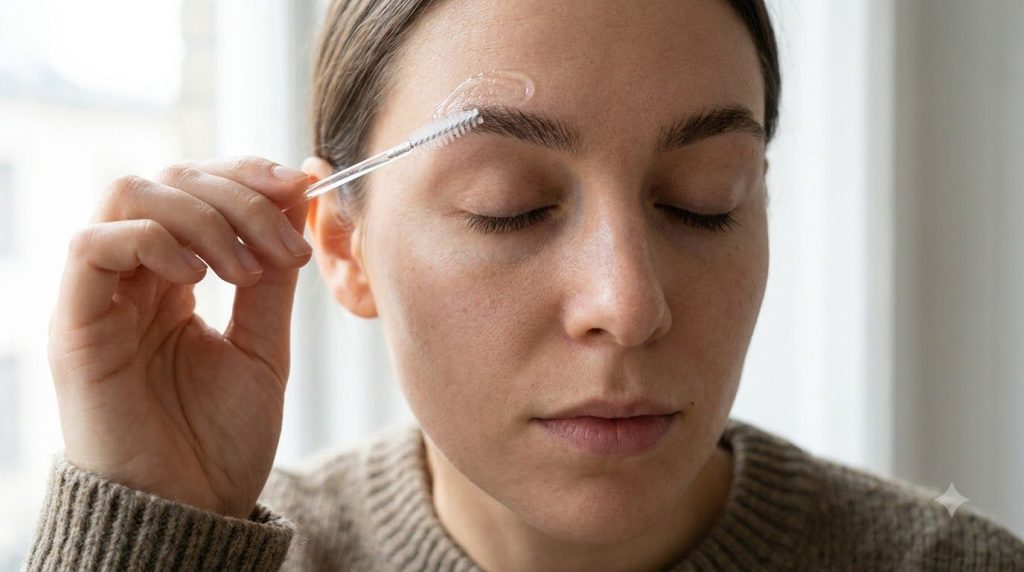A woman applying the homemade eyebrow serum to her eyebrows with a spoolie brush focusing on the brow hairs Her eyes are