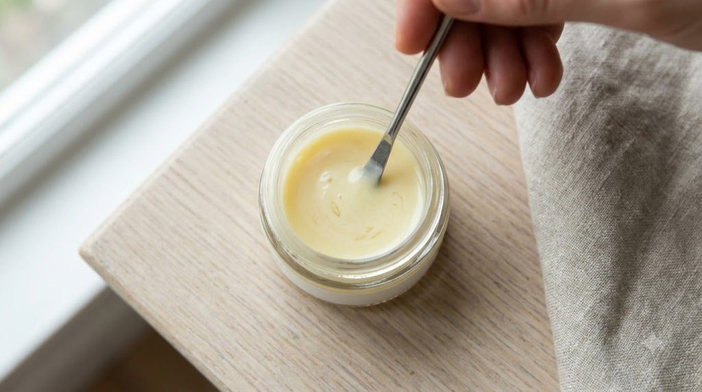 A close-up of a small glass jar containing the mixed DIY eyebrow serum Vaseline carrier oil and Vitamin E with a small s