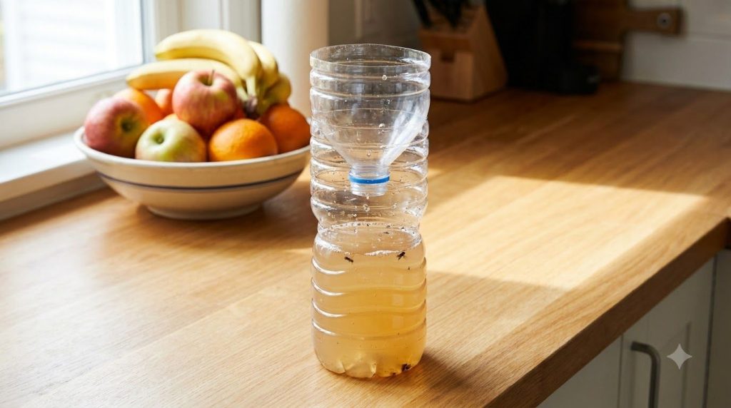A finished DIY fruit fly trap made from a plastic bottle with a funnel top filled with the sugar and yeast mixture place