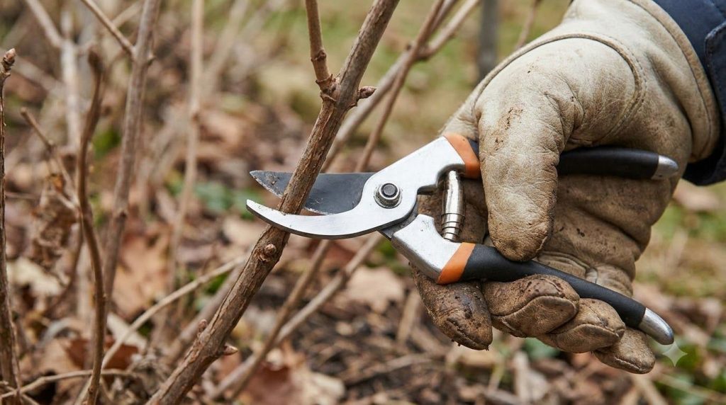 Close-up of a gardener s hands making a clean cut on a dormant shrub stem with sharp pruning shears demonstrating the co