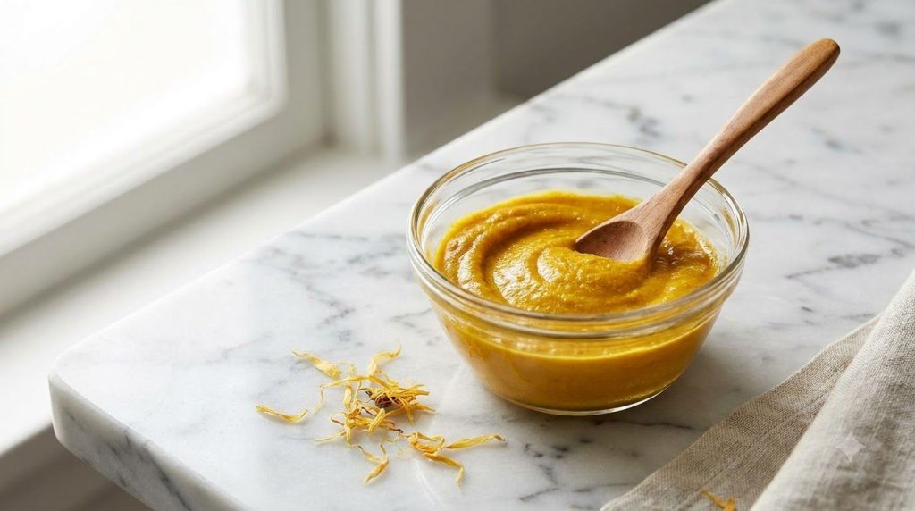 A close-up of a small glass bowl containing a yellow turmeric and Vaseline face mask with a spoon for mixing placed on a