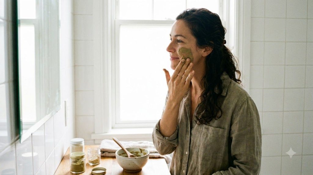 A woman gently applying a DIY face mask to her clean skin possibly a Vaseline and baby oil blend with a soft content exp