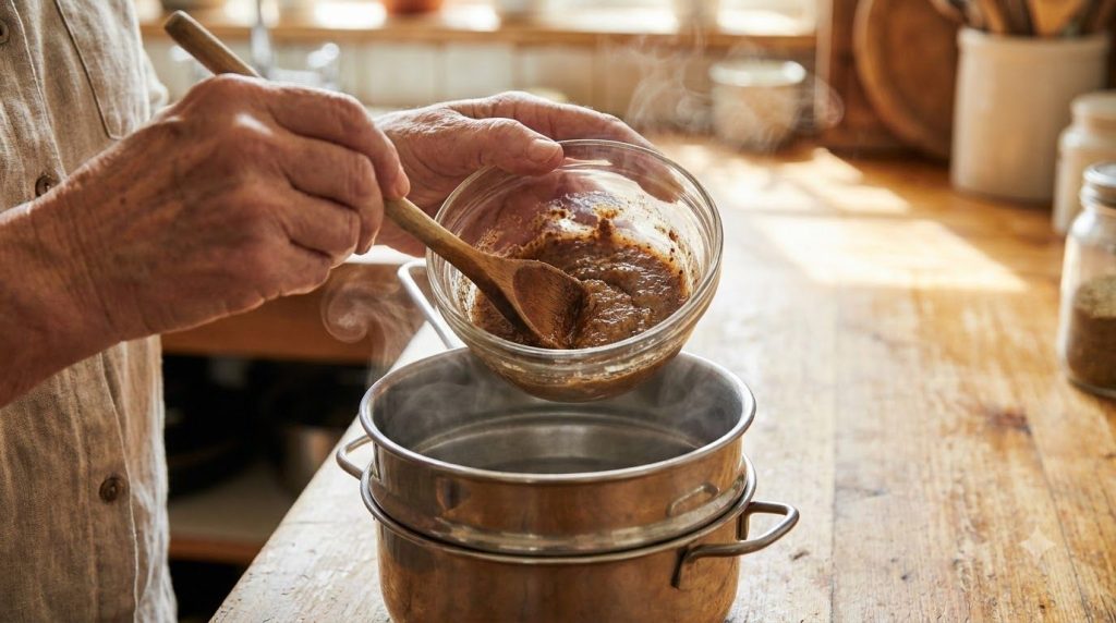 Hands mixing powdered cloves with petroleum jelly in a small glass bowl over a double boiler The mixture is turning into