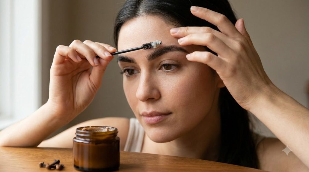 A woman applying the clove and Vaseline eyebrow balm to her eyebrows using a clean spoolie brush showing the gentle appl