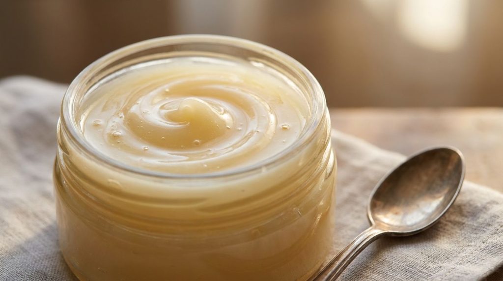 A close-up of a small glass jar filled with the prepared Vaseline and Honey Glow Boost showing its smooth creamy texture