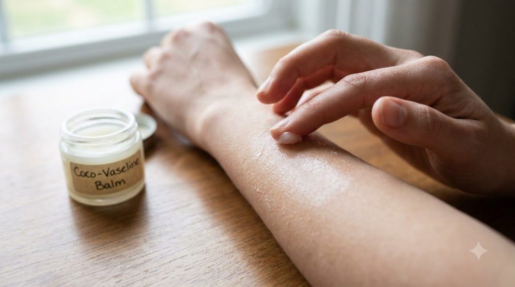 A hand gently applying the Vaseline and coconut oil mixture to a dry patch of skin on an arm showing moisturized results