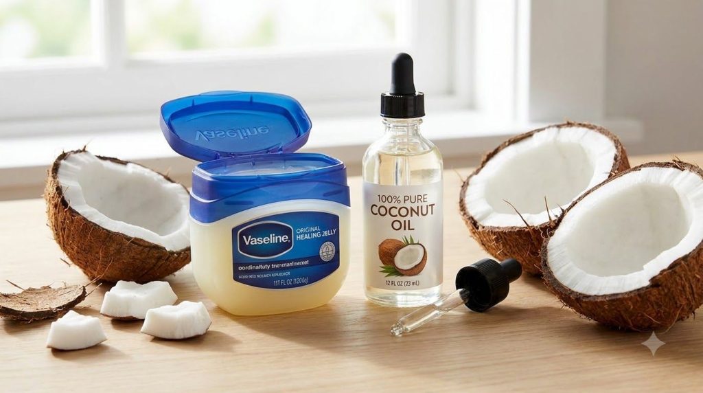 An open jar of Vaseline Original Healing Jelly and a bottle of COCONUT OIL 100 Pure on a clean light surface with fresh 
