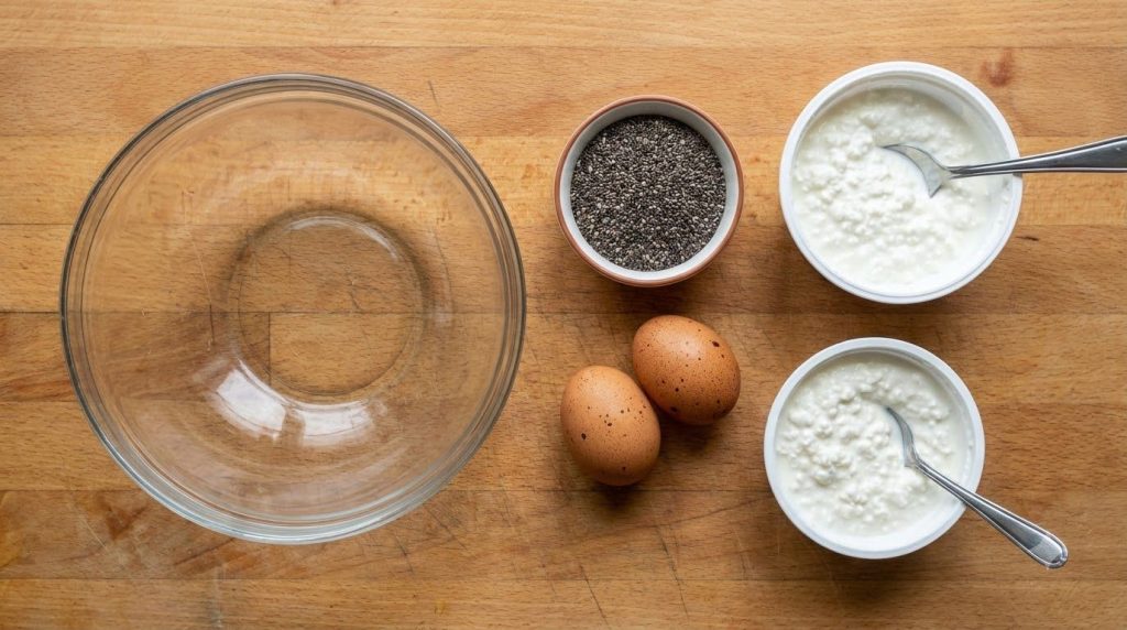 Ingredients for keto chia seed bread chia seeds eggs cottage cheese laid out on a kitchen counter with a mixing bowl