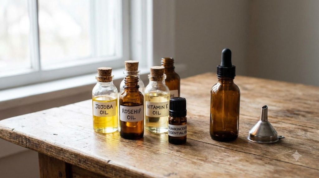 Different bottles of natural oils jojoba rosehip vitamin E frankincense on a wooden table with a small funnel and an emp