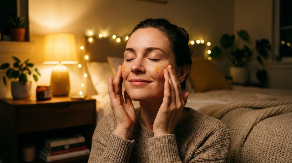 A woman gently massaging two drops of facial oil onto her face at night her eyes closed with a soft warm glow around her