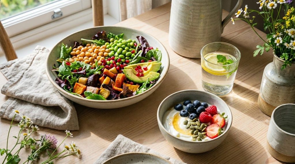 A vibrant healthy vegetarian meal featuring a mix of the discussed protein sources such as a colorful salad with chickpe