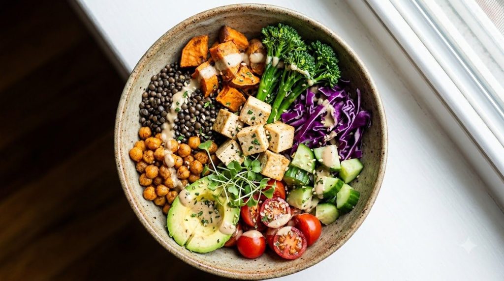 A close-up image of a vibrant healthy plant-based meal featuring several of the mentioned protein sources like lentils c