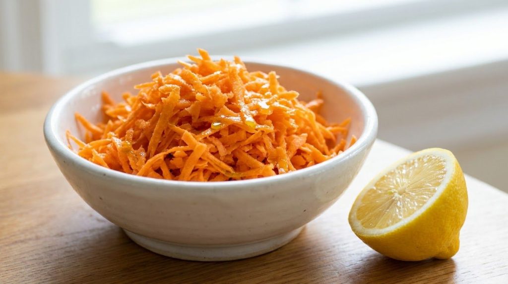 A bowl of vibrant raw shredded sweet potato slaw with a fresh lemon wedge on the side