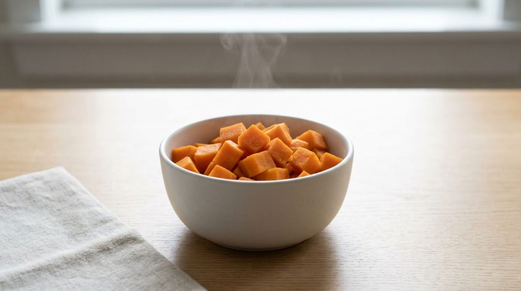 A bowl of perfectly steamed sweet potato cubes with gentle steam rising