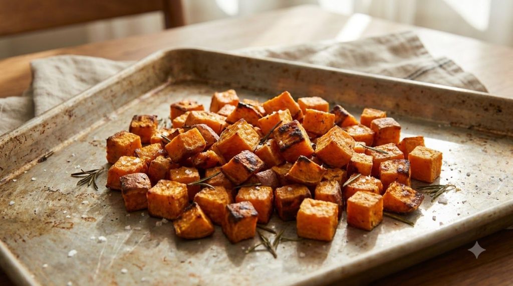 A baking sheet filled with golden-brown roasted sweet potato cubes with some caramelized edges
