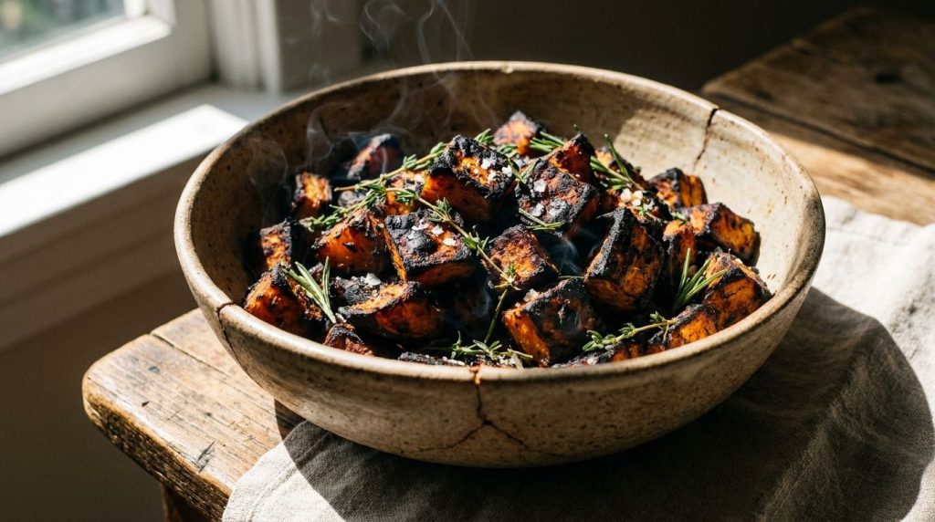 A bowl of dark smoky charred sweet potato cubes garnished with a sprinkle of fresh herbs