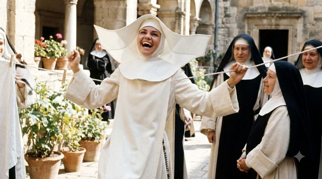 A still from the TV show The Flying Nun featuring Sally Field in her nun s habit