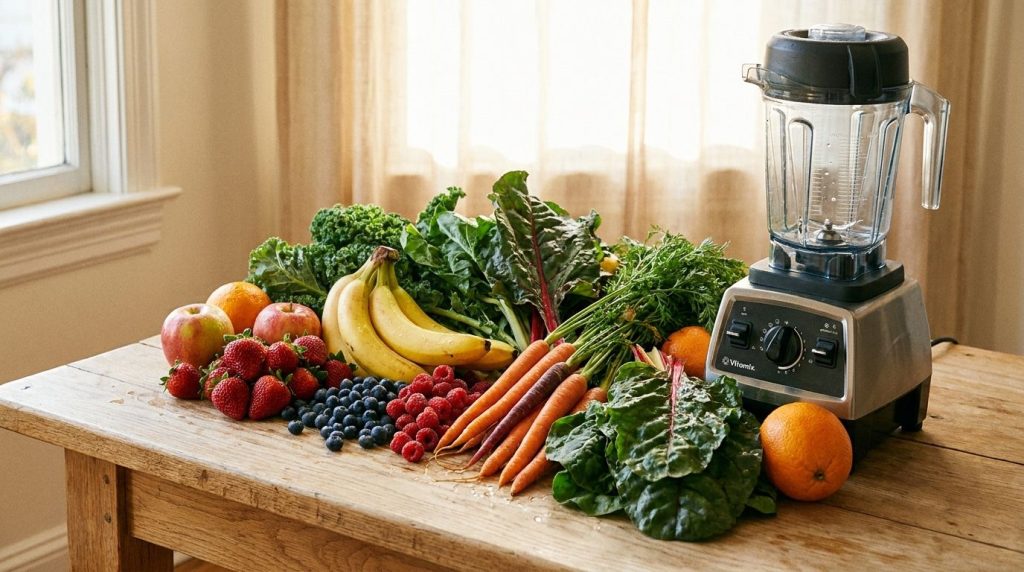 A variety of fresh fruits and vegetables arranged around a blender ready to be made into a healthy smoothie with morning