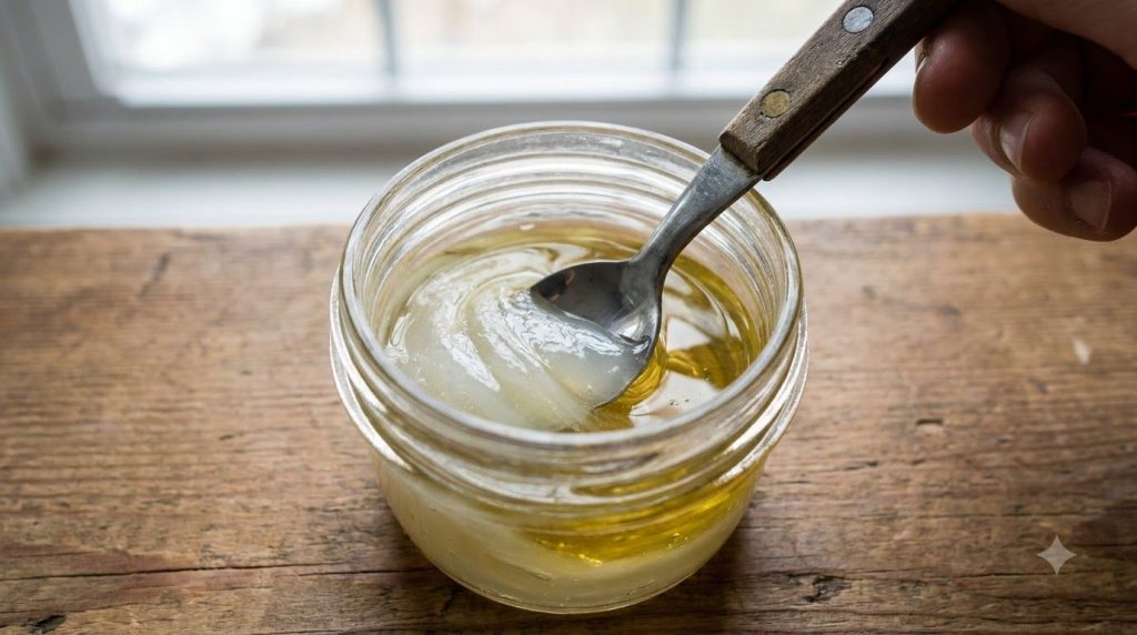 A close-up of a spoon mixing Vaseline and baby oil together in a small glass jar creating a smooth blended texture