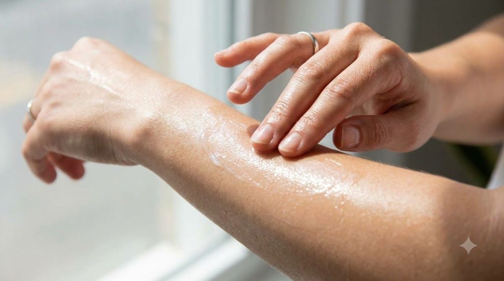 A woman gently applying the blended Vaseline and baby oil mixture to her arm demonstrating the product s use for glowing