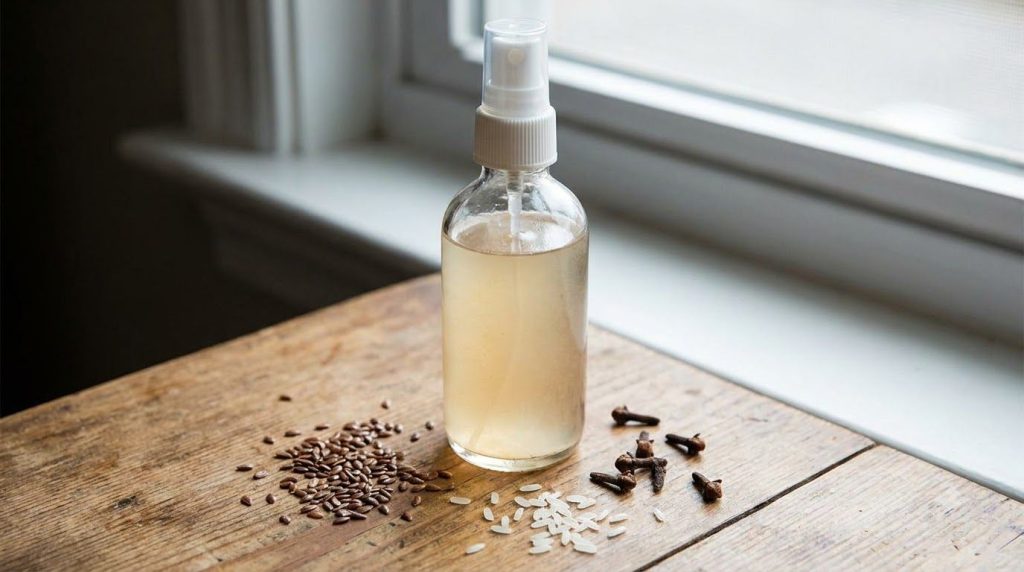 A clear spray bottle filled with a homemade translucent flaxseed rice and clove toner placed on a wooden surface with so