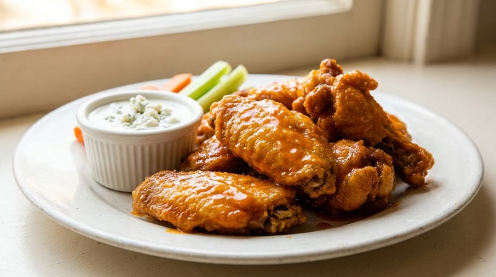 A plate of crispy chicken wings generously coated in a glossy orange Buffalo sauce with a small bowl of blue cheese dres