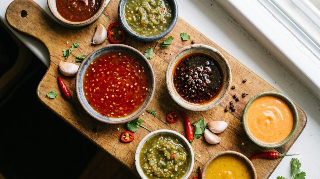 A selection of small bowls containing various homemade spicy sauces like sweet chili Szechuan and Buffalo arranged on a 