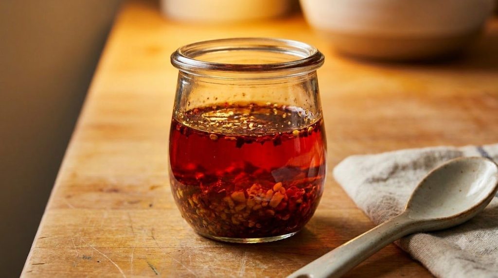 A close-up of a small glass jar filled with vibrant red garlic chili oil showcasing the chili flakes and minced garlic s