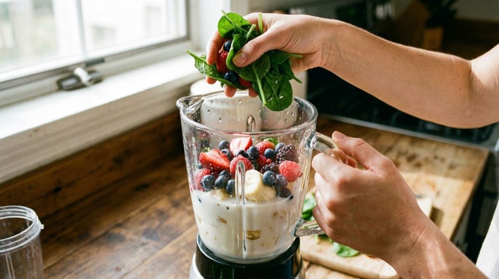 Close-up shot of hands preparing a smoothie adding fresh spinach and berries into a blender with other ingredients like 