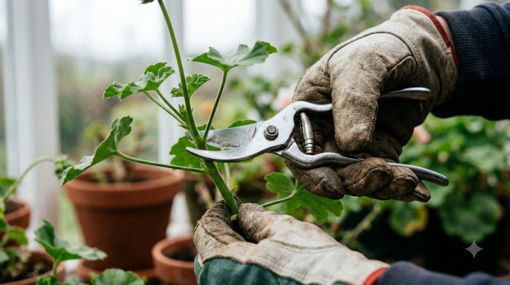 Close-up of a gardener s hands using sharp pruners to take a stem cutting from a healthy geranium plant showing the corr