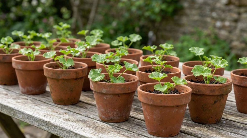 Several small terracotta pots neatly arranged each containing a freshly planted geranium cutting with green leaves some 