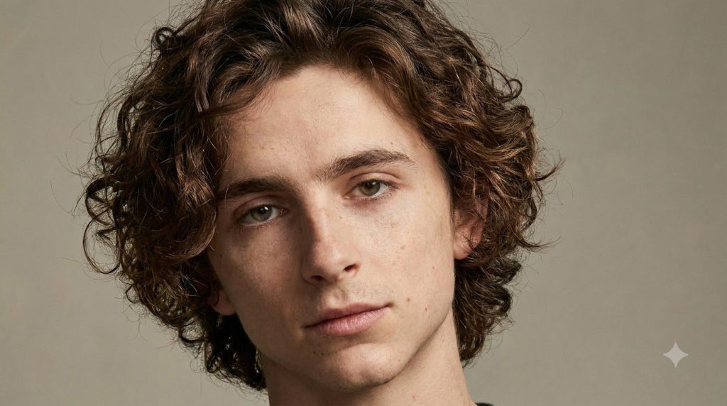 A real publicity photo of Timothée Chalamet from his early career showcasing his curly brown hair and expressive face