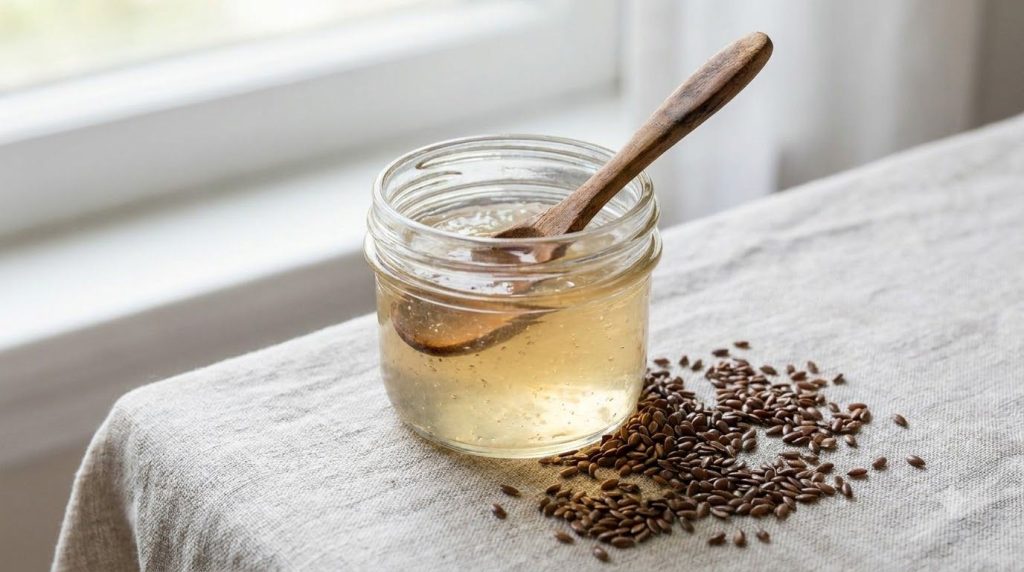 A small jar of homemade flaxseed gel with a spoon next to a pile of whole flaxseeds on a textured background emphasizing