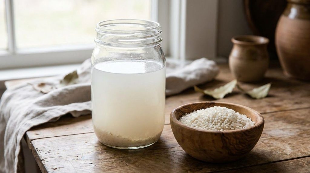 A close-up of a clear glass jar containing cloudy rice water next to a small bowl of raw rice grains with a minimalist n