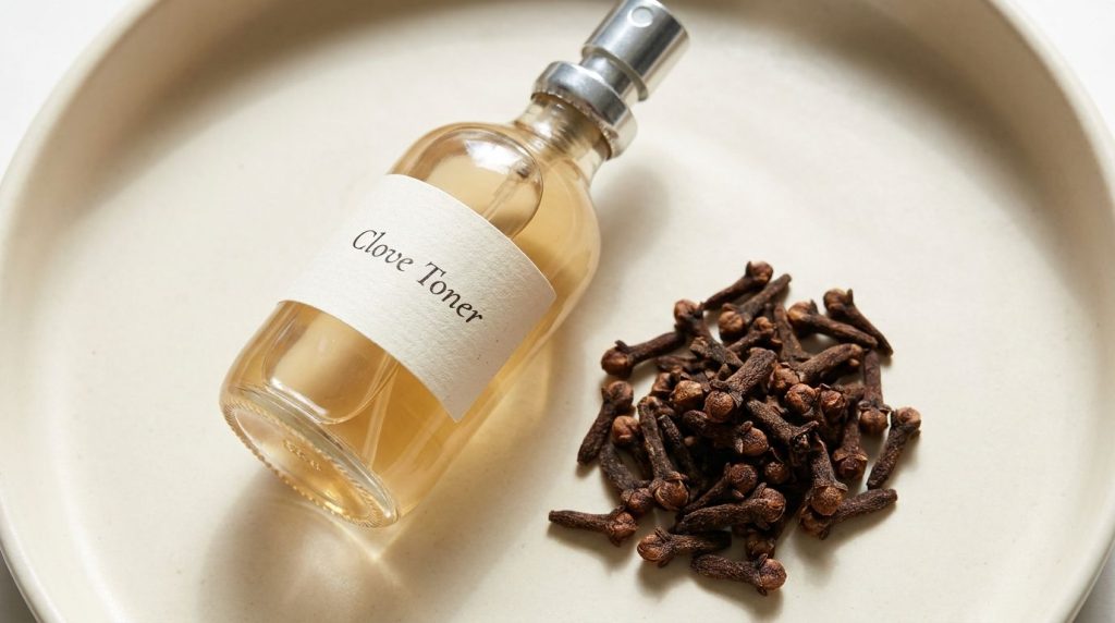 A small glass spray bottle filled with a light amber liquid clove toner next to a scattering of whole cloves on a light 